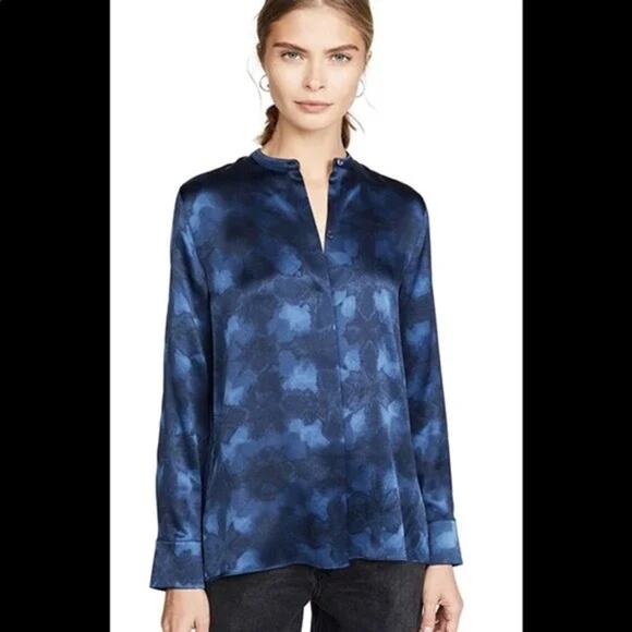 Vince Top Womens 12 Silk Hydra Winter Tie Dye Long Sleeve Button Down Satin Blue - Picture 1 of 11